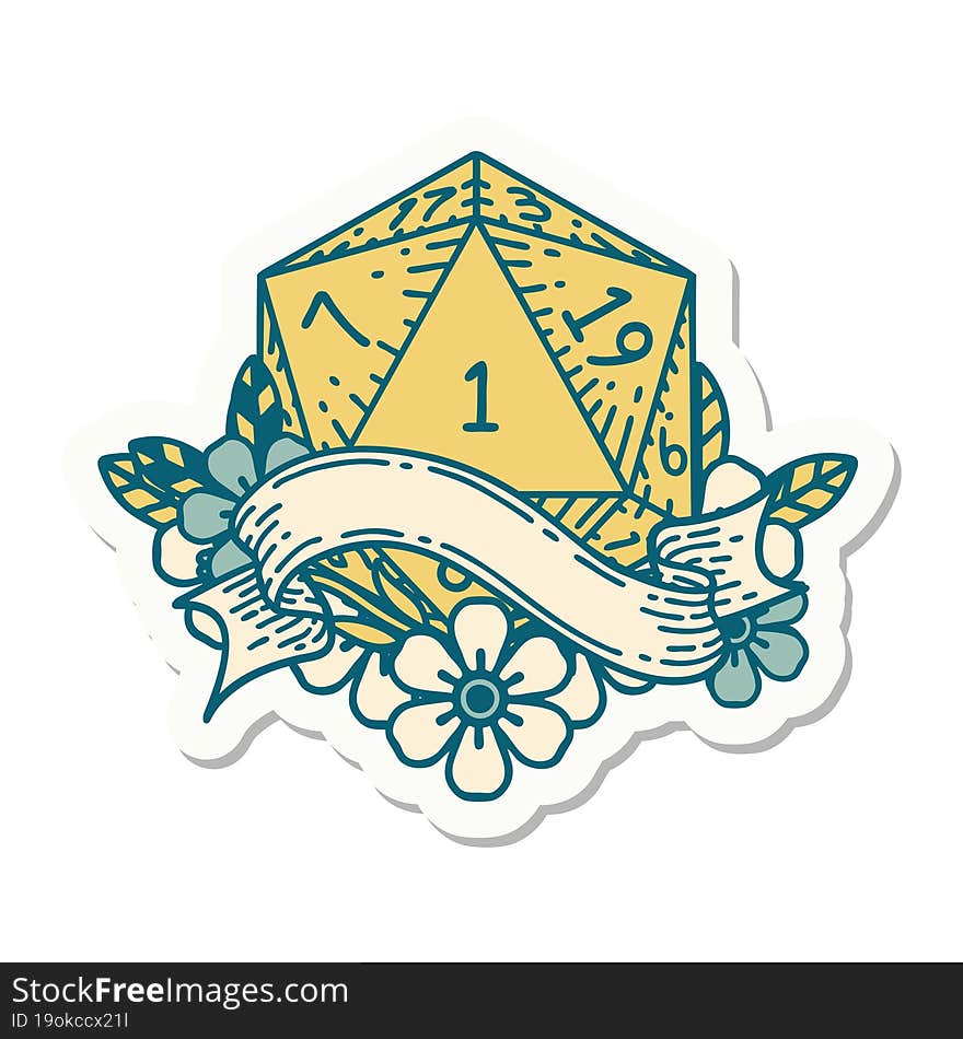 natural one d20 dice roll sticker