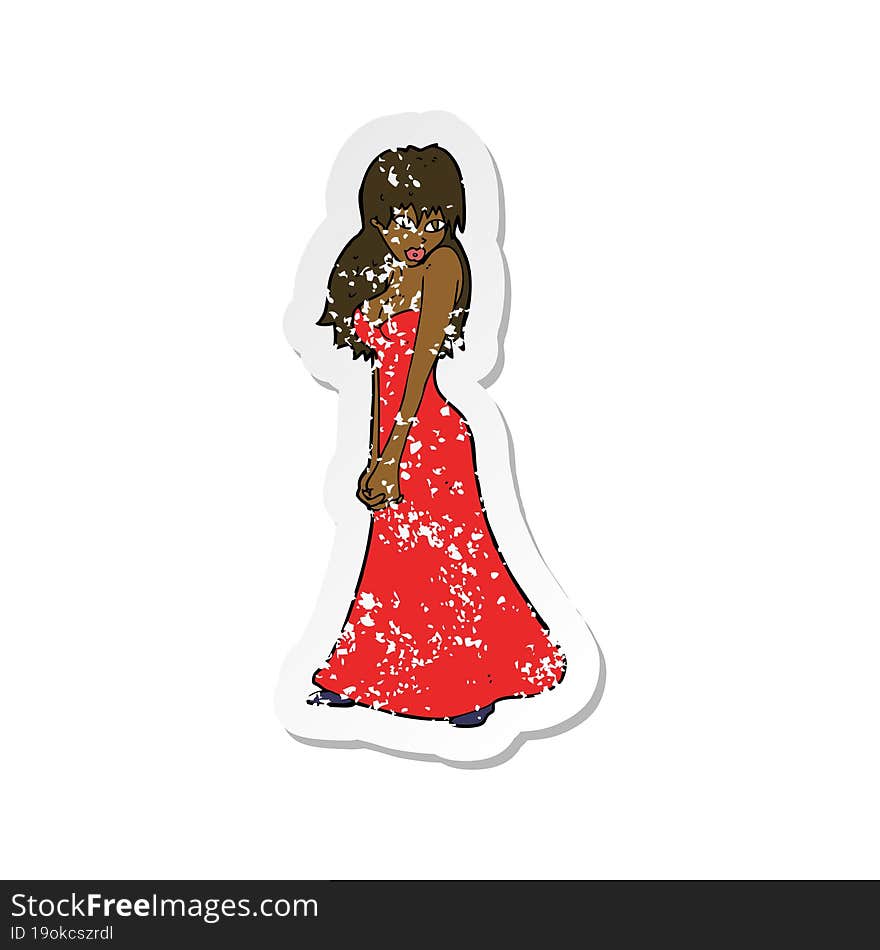 retro distressed sticker of a cartoon pretty woman in dress