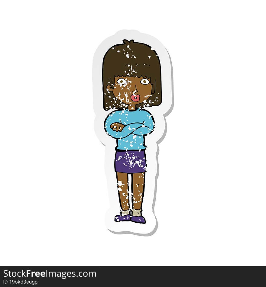 retro distressed sticker of a cartoon impatient woman