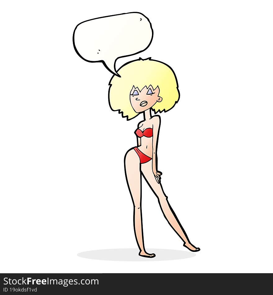 cartoon woman in bikini with speech bubble