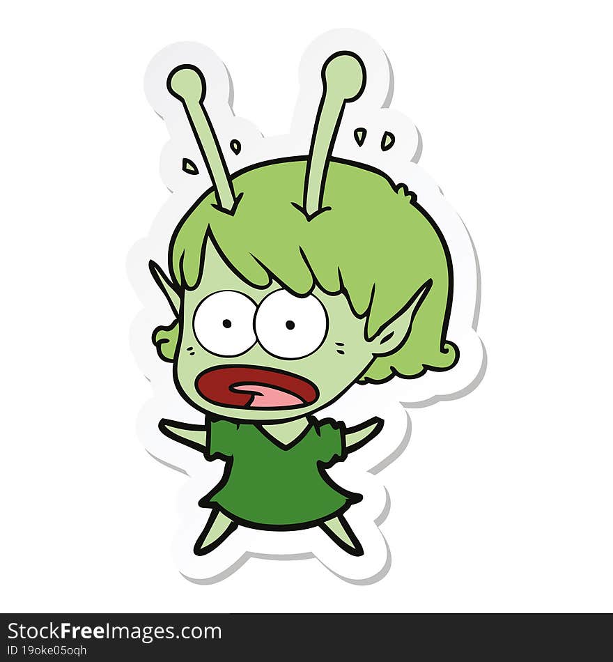 sticker of a cartoon shocked alien girl