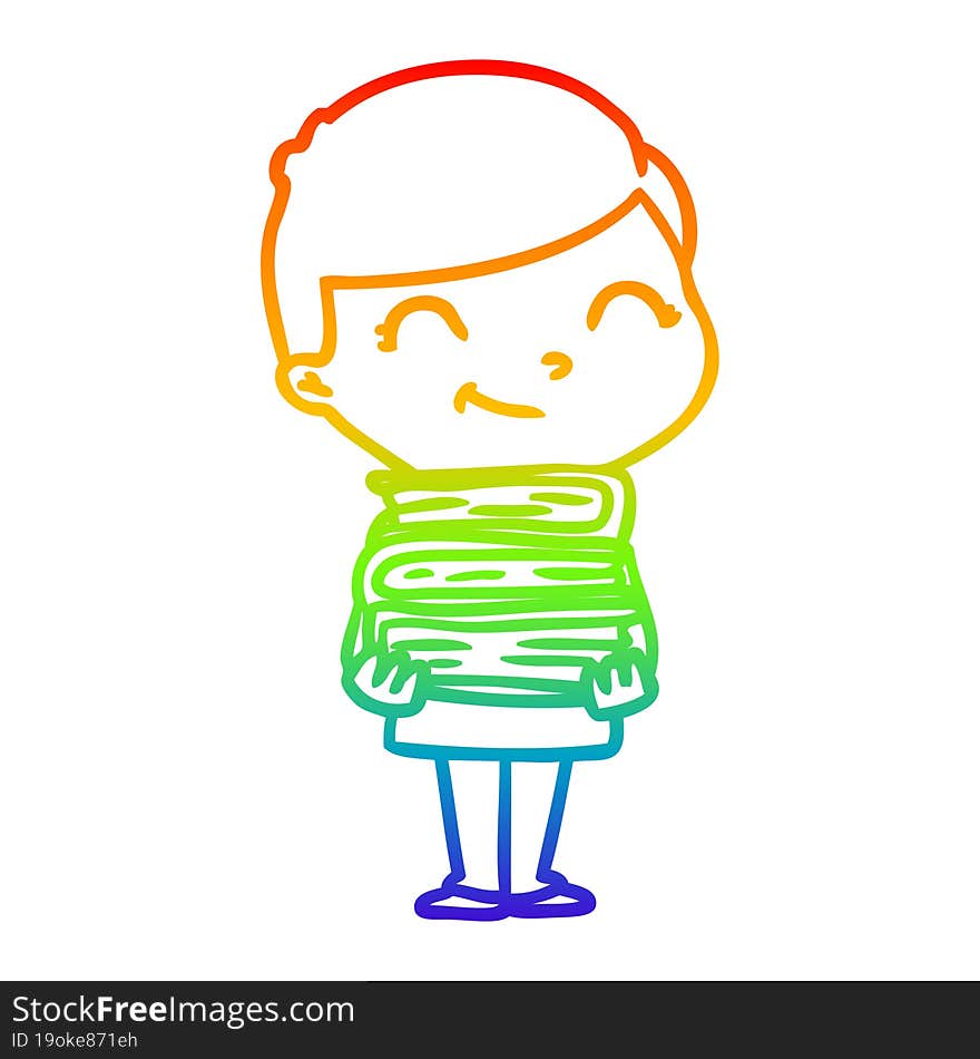 rainbow gradient line drawing of a cartoon boy with books smiling