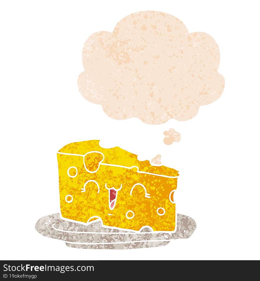 Cute Cartoon Cheese And Thought Bubble In Retro Textured Style