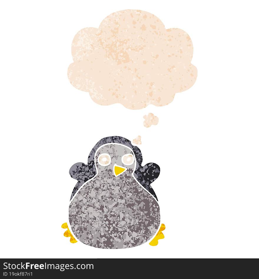 cartoon penguin and thought bubble in retro textured style