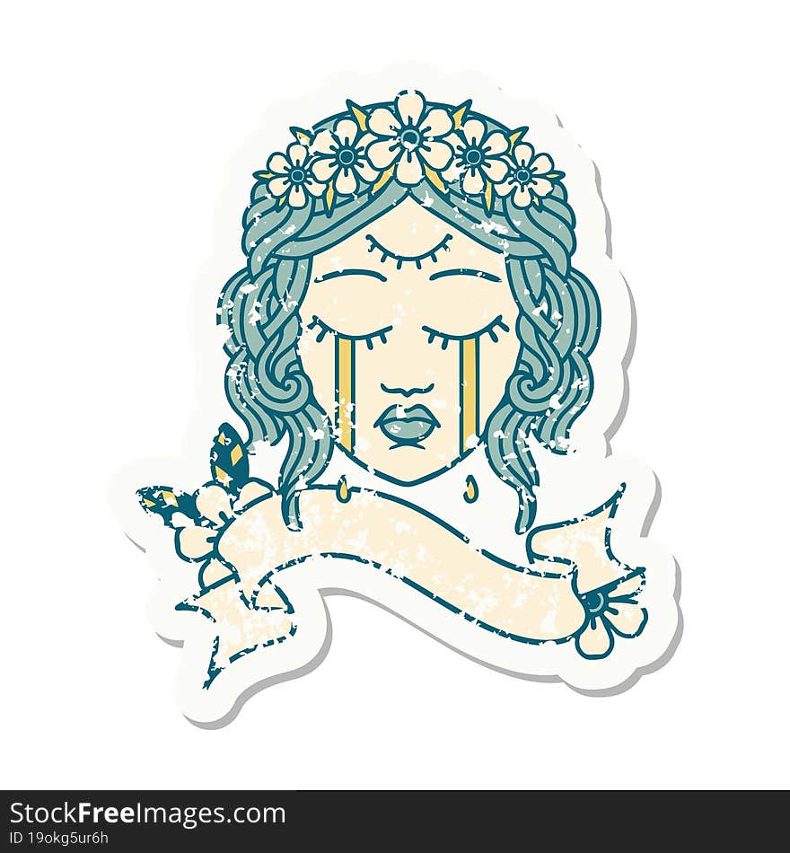 Grunge Sticker With Banner Of Female Face Crying With Third Eye