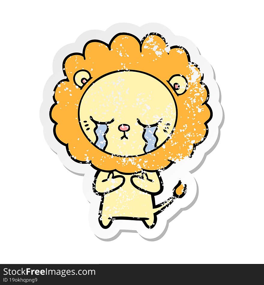 distressed sticker of a crying cartoon lion