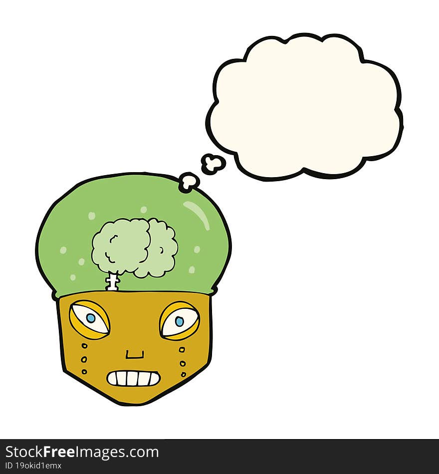 cartoon spooky robot head with thought bubble