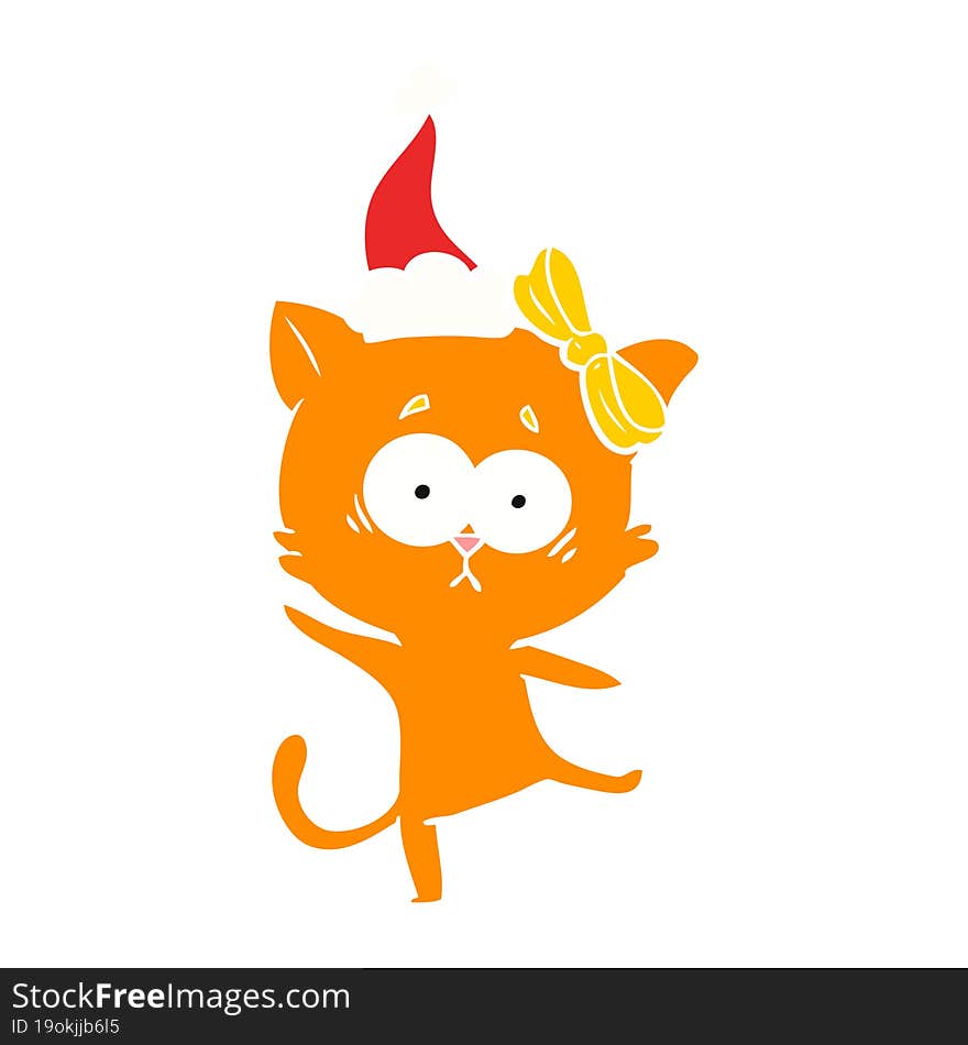 Flat Color Illustration Of A Cat Wearing Santa Hat