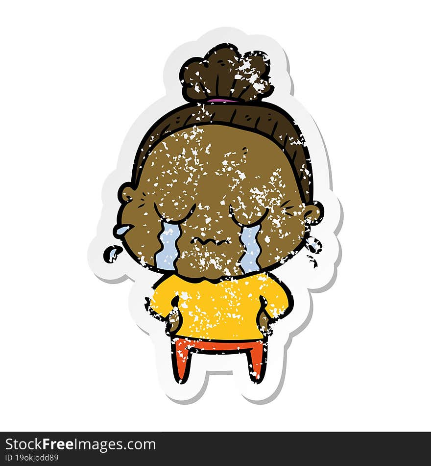 distressed sticker of a cartoon crying old lady