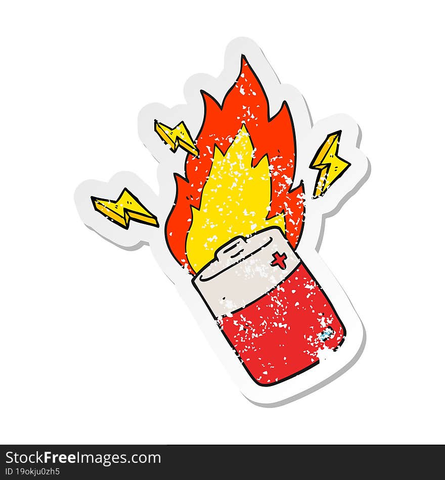 retro distressed sticker of a cartoon flaming battery