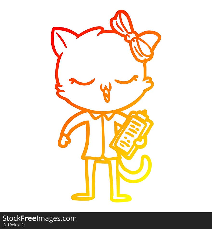 warm gradient line drawing of a cartoon cat with bow on head