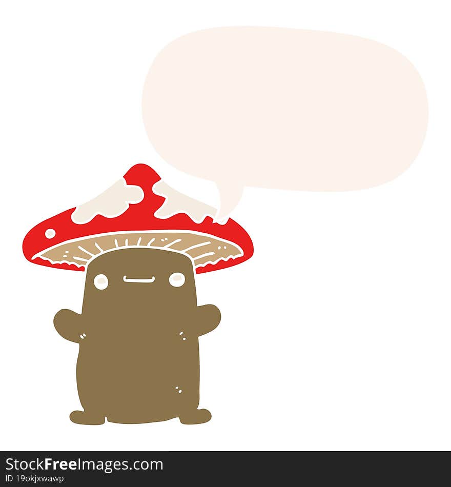 cartoon mushroom with speech bubble in retro style