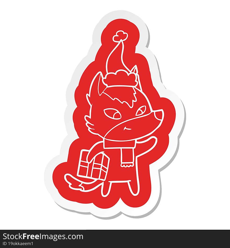 friendly cartoon  sticker of a christmas wolf wearing santa hat