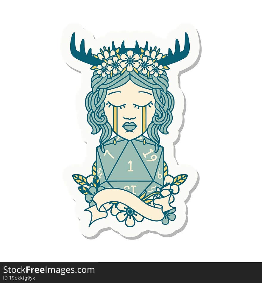 crying human druid with D20 natural one roll sticker