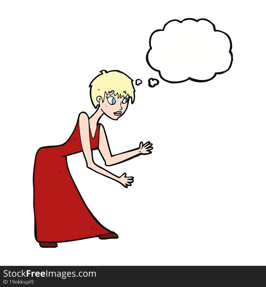 cartoon woman in dress gesturing with thought bubble