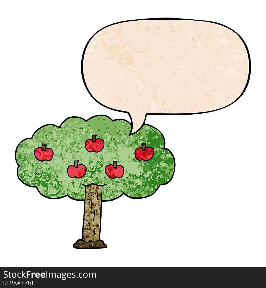 cartoon apple tree and speech bubble in retro texture style