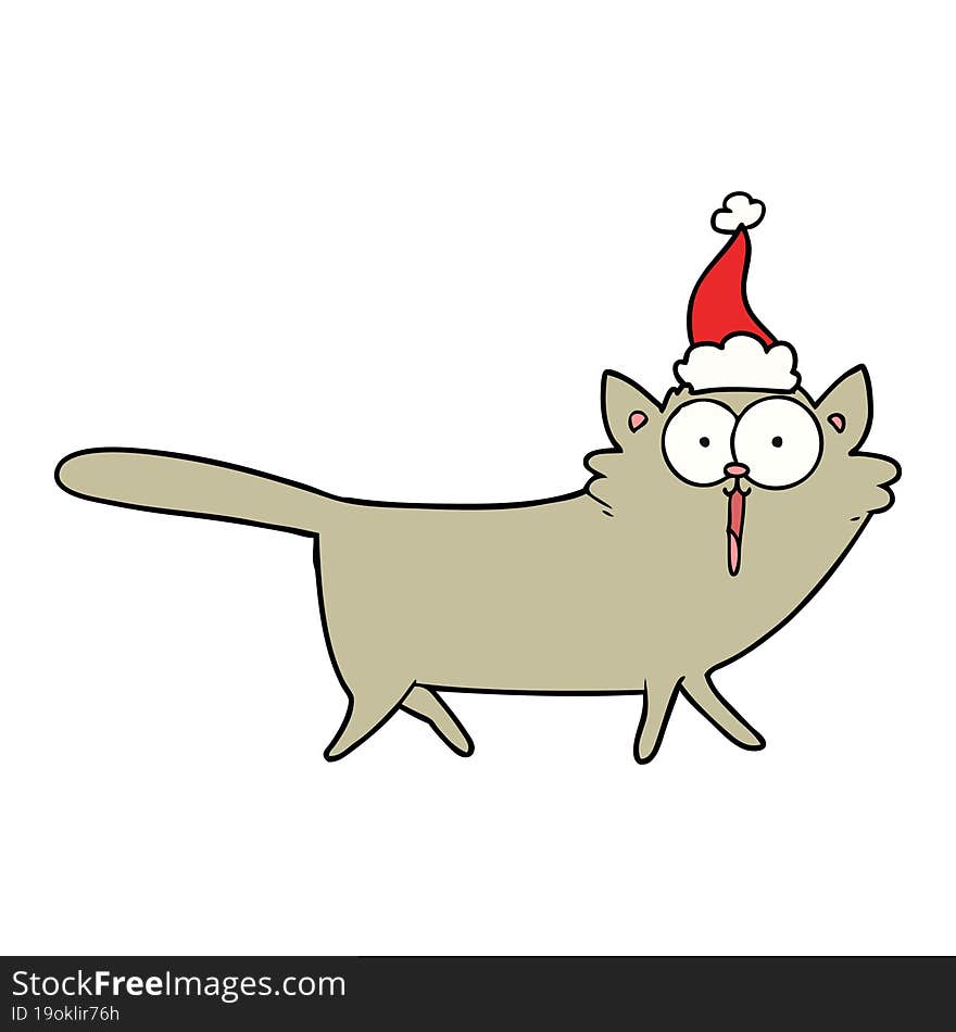 line drawing of a cat wearing santa hat