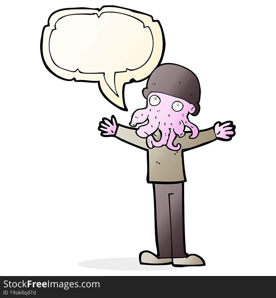 cartoon alien squid face man with speech bubble