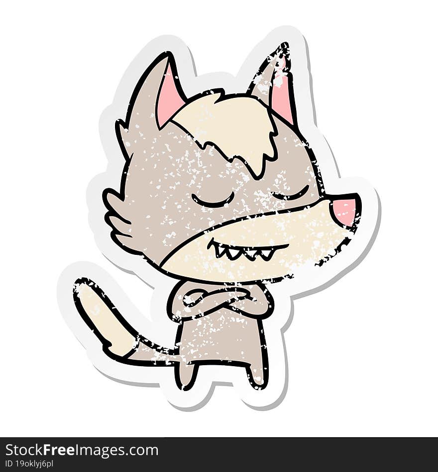 distressed sticker of a friendly cartoon wolf