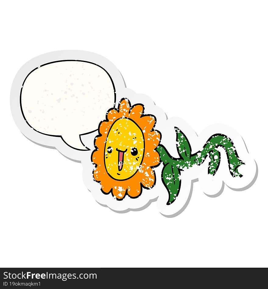 cartoon flower and speech bubble distressed sticker