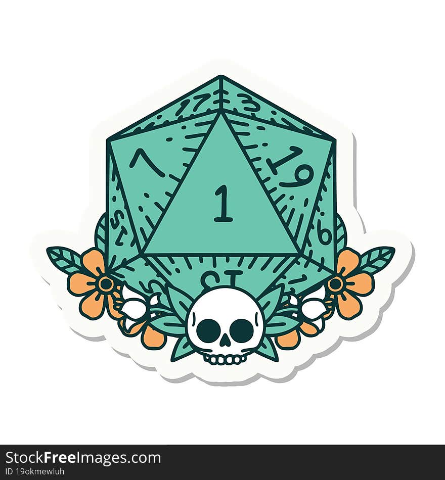 Natural One Dice Roll With Floral Elements Sticker