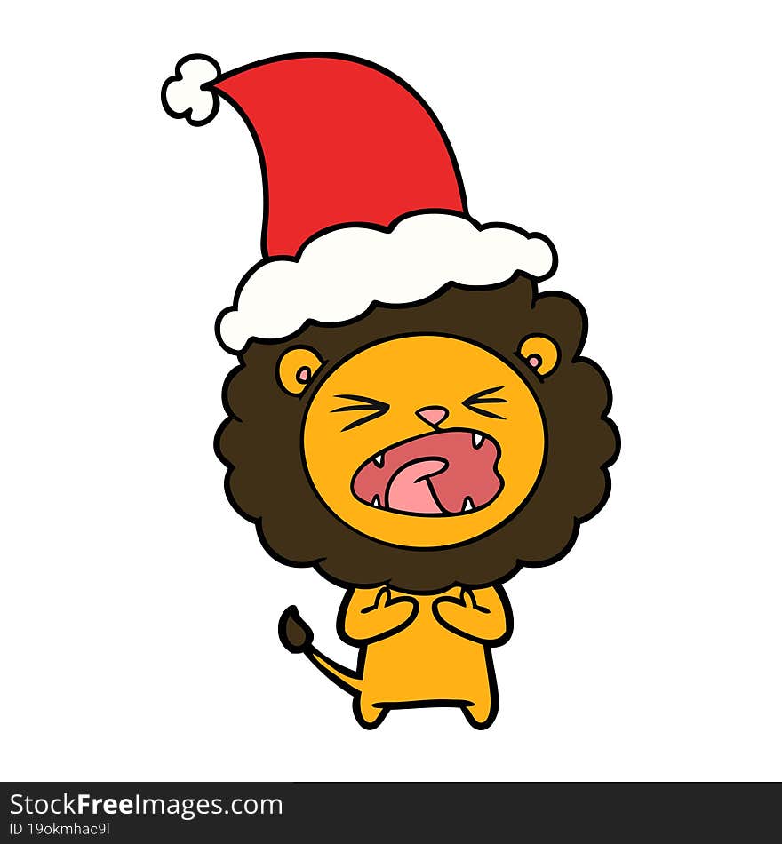 line drawing of a lion wearing santa hat