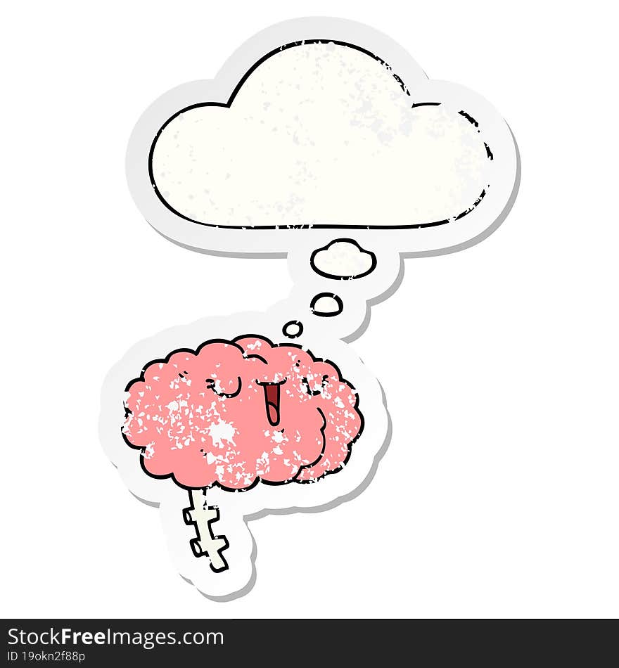 happy cartoon brain and thought bubble as a distressed worn sticker