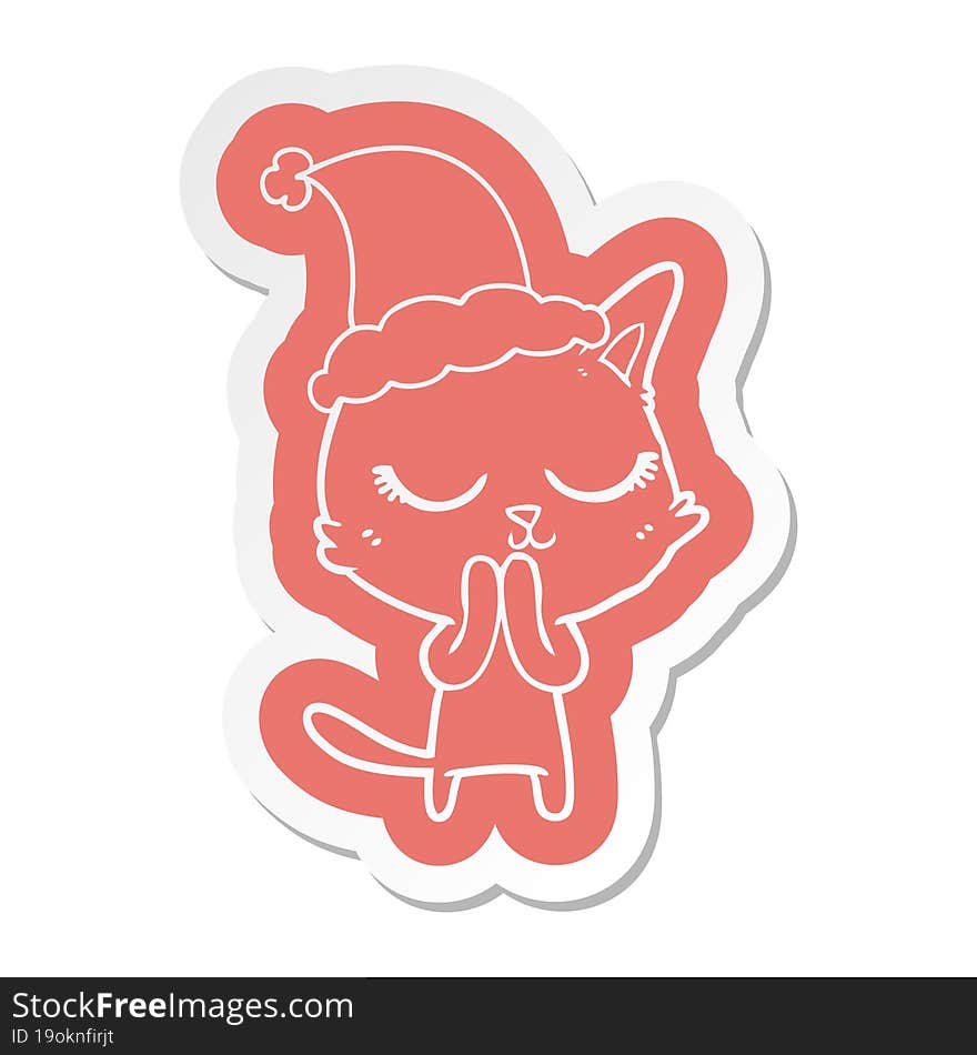 calm cartoon  sticker of a cat wearing santa hat