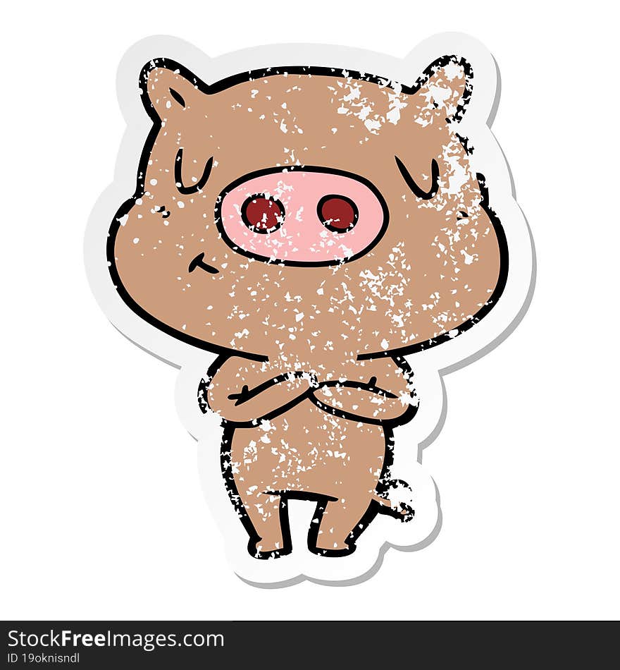 distressed sticker of a cartoon content pig