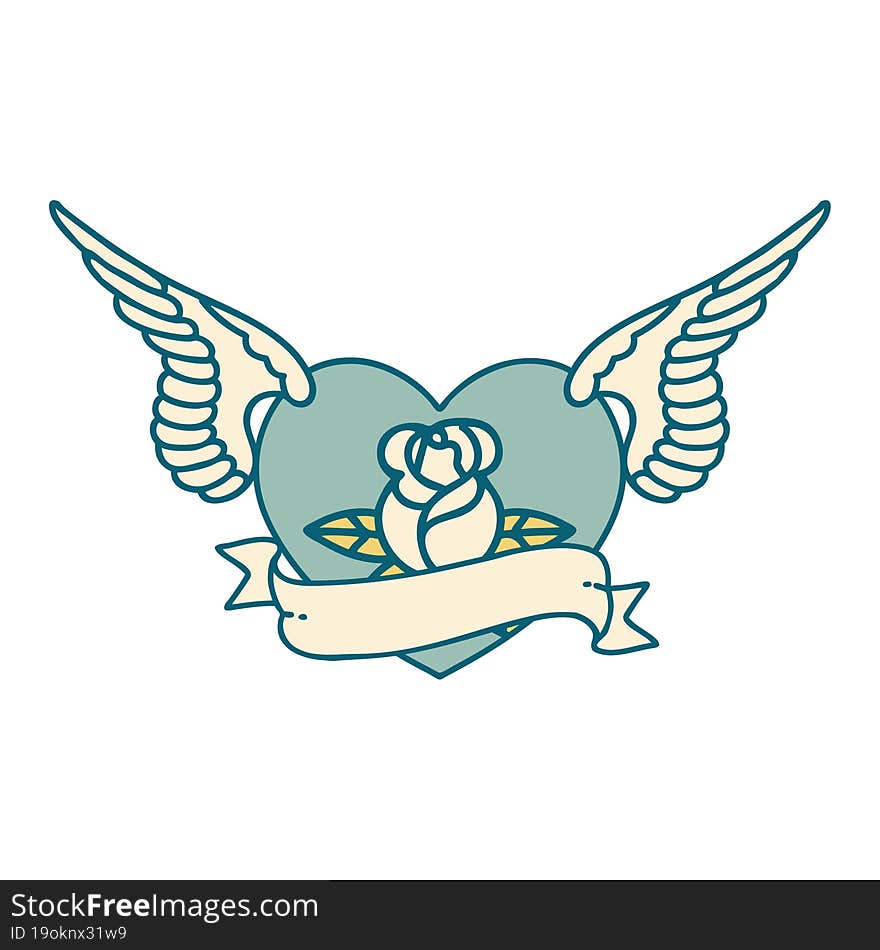 Tattoo Style Icon Of A Flying Heart With Flowers And Banner