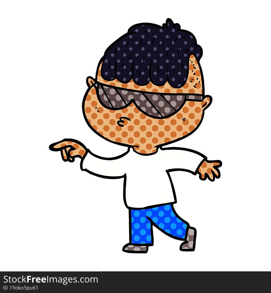 cartoon boy wearing sunglasses pointing. cartoon boy wearing sunglasses pointing