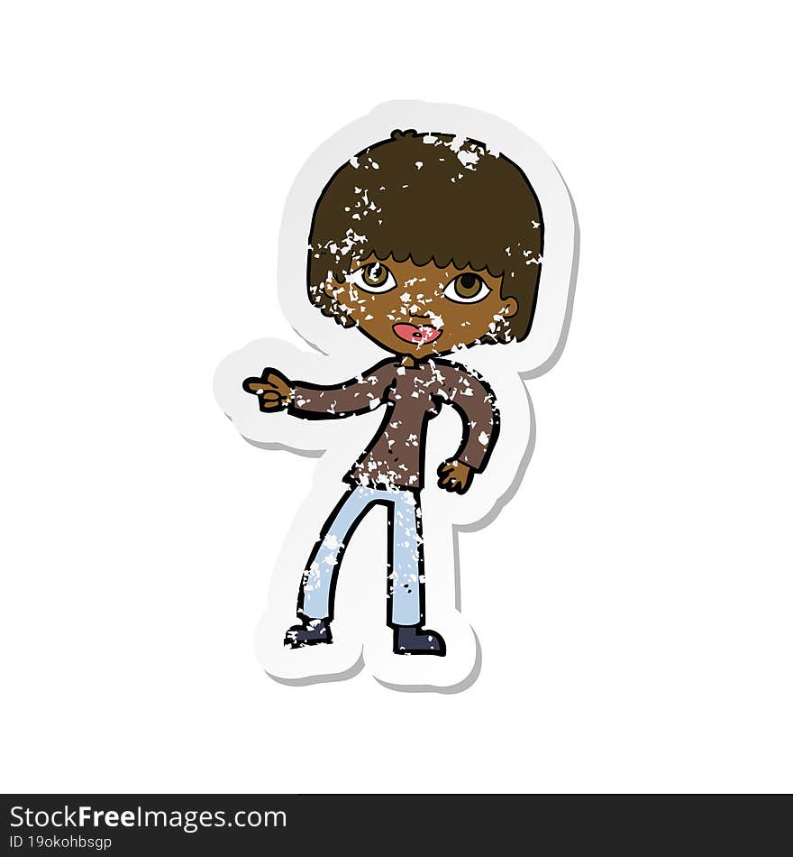 retro distressed sticker of a cartoon woman pointing