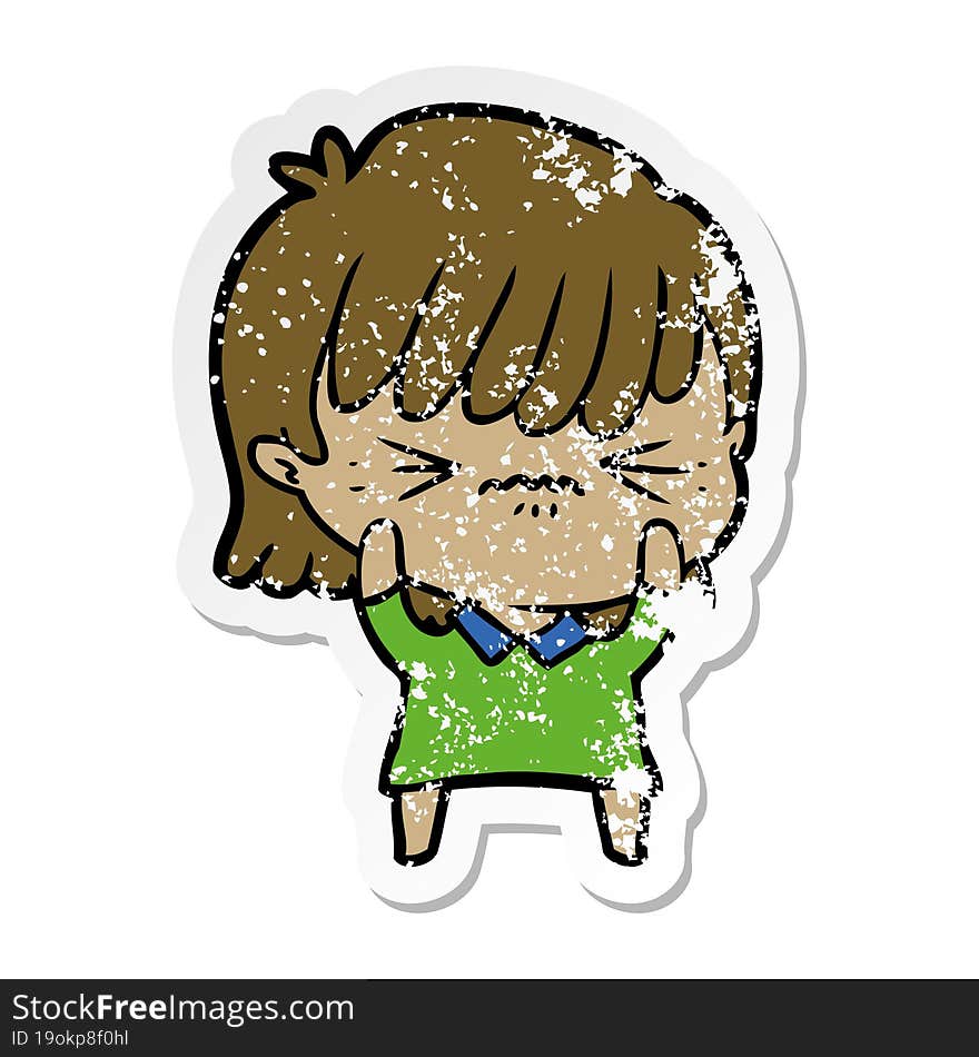 Distressed Sticker Of A Annoyed Cartoon Girl