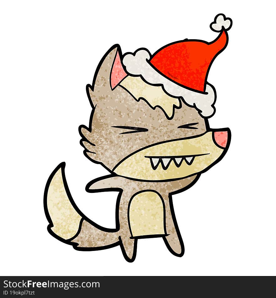 angry wolf hand drawn textured cartoon of a wearing santa hat. angry wolf hand drawn textured cartoon of a wearing santa hat