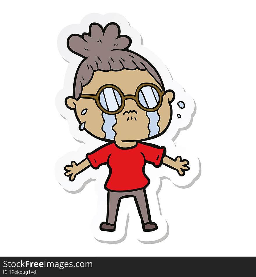 Sticker Of A Cartoon Crying Woman Wearing Spectacles