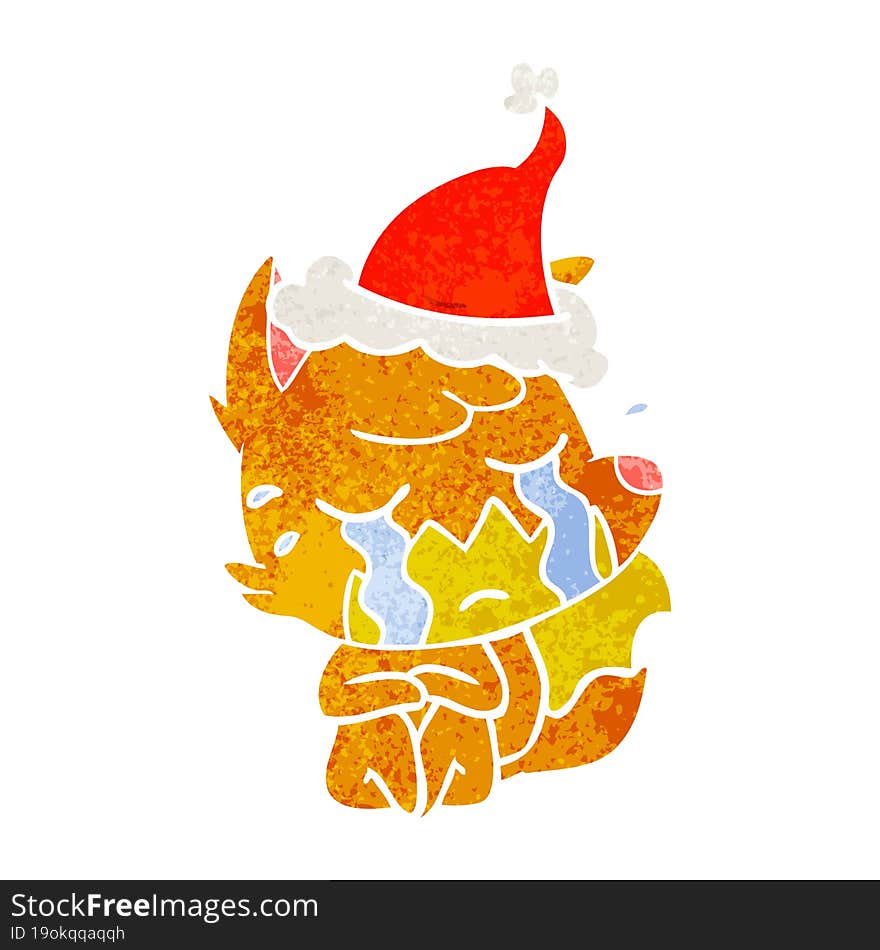 Crying Fox Retro Cartoon Of A Wearing Santa Hat