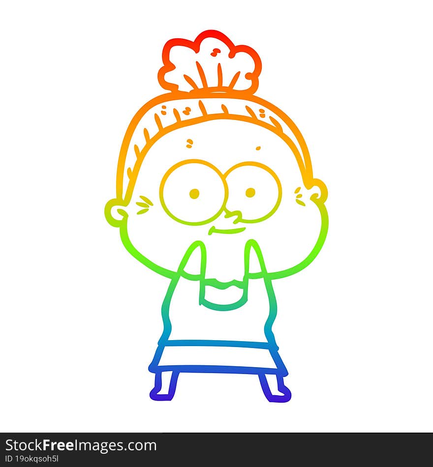 rainbow gradient line drawing of a cartoon happy old woman