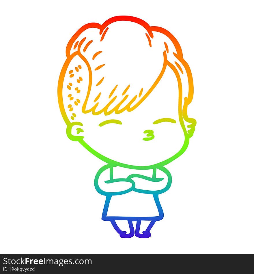 Rainbow Gradient Line Drawing Cartoon Squinting Girl