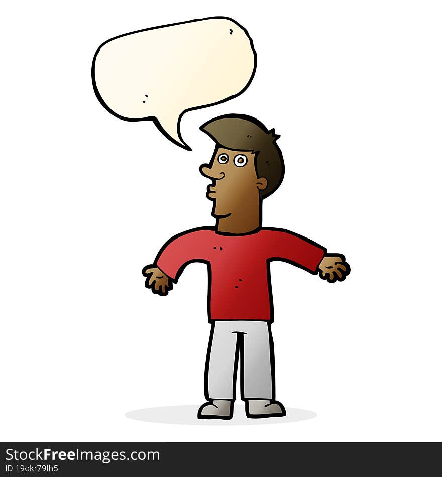 cartoon man shrugging shoulders with speech bubble