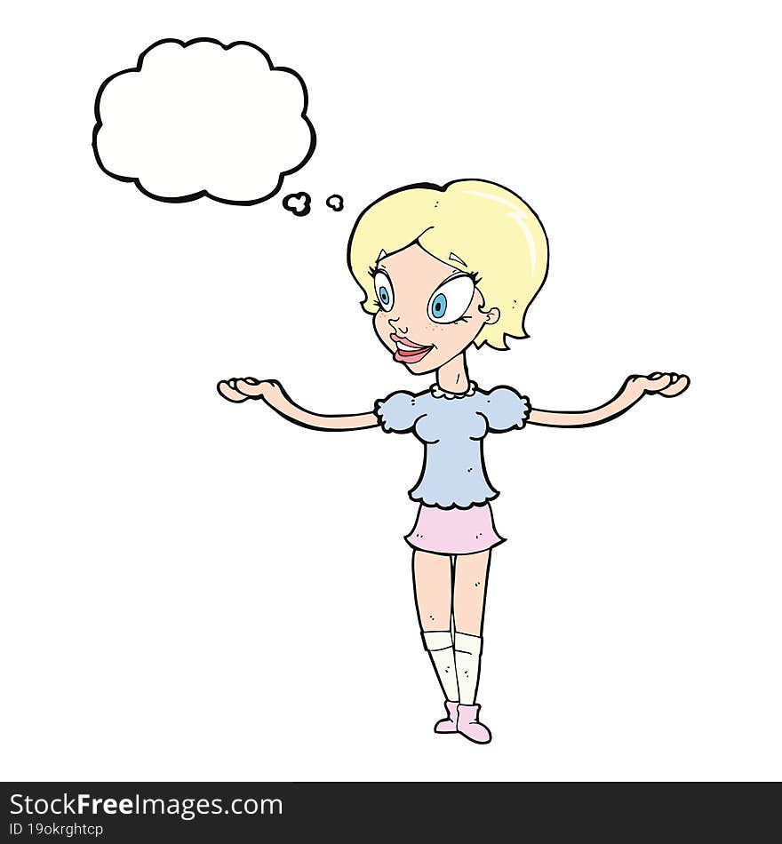 cartoon woman with arms spread wide with thought bubble