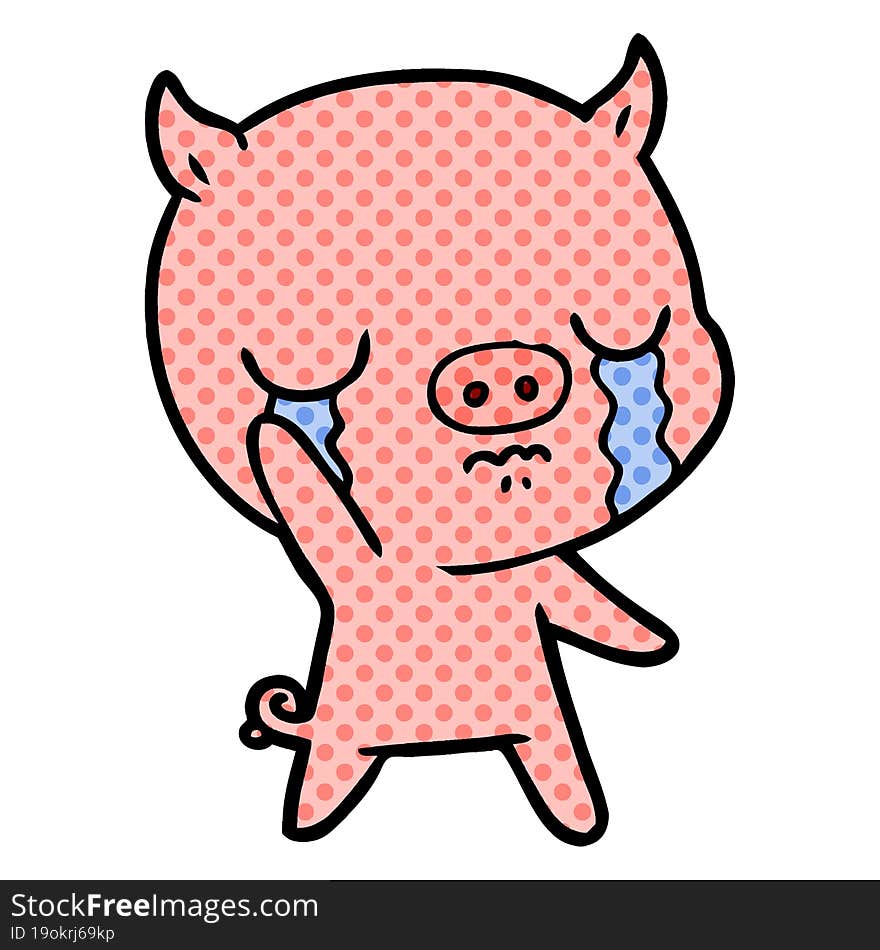 cartoon pig crying waving goodbye. cartoon pig crying waving goodbye