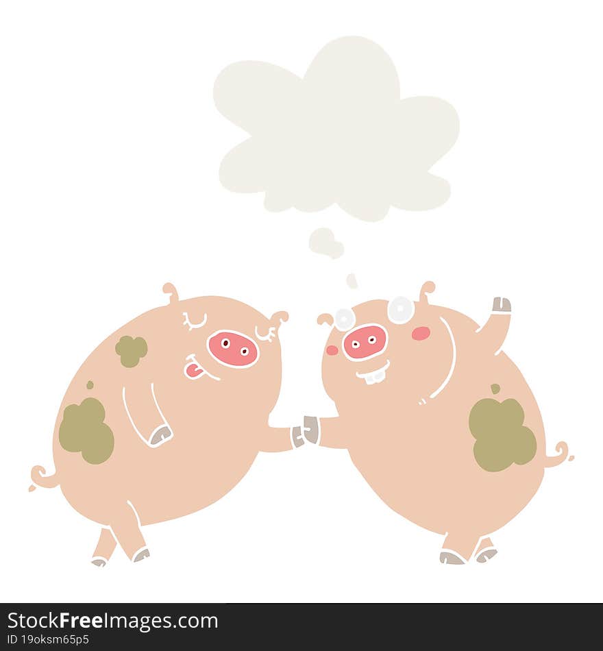 Cartoon Pigs Dancing And Thought Bubble In Retro Style