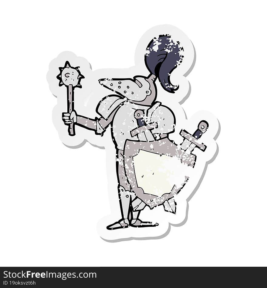 retro distressed sticker of a cartoon medieval knight with shield