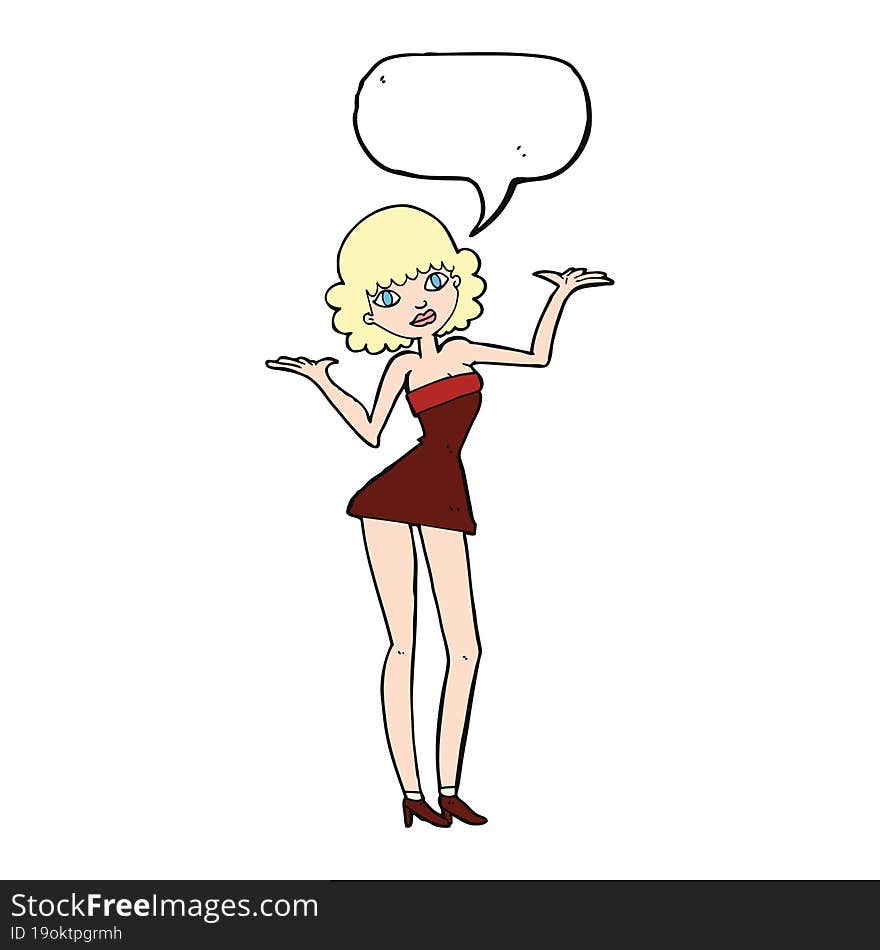 cartoon woman in cocktail dress with speech bubble