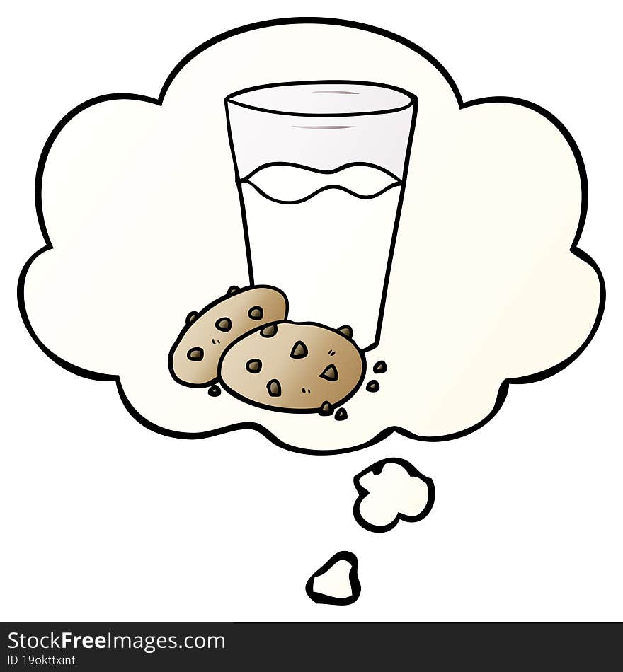 cartoon cookies and milk and thought bubble in smooth gradient style