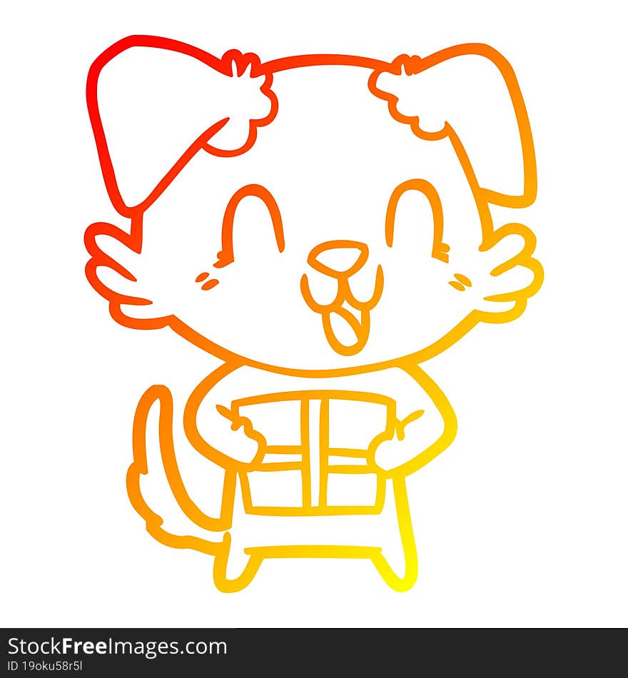 warm gradient line drawing of a laughing cartoon dog with christmas present