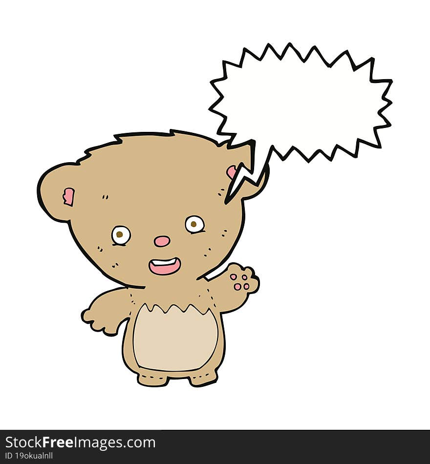 cartoon teddy bear waving with speech bubble