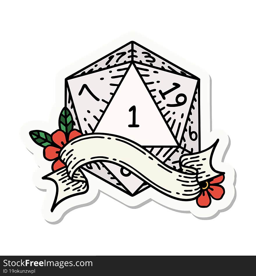 sticker of a natural one d20 dice roll. sticker of a natural one d20 dice roll