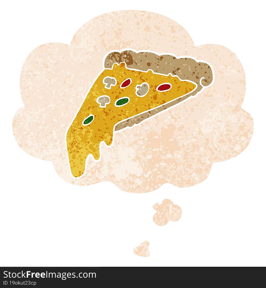 cartoon pizza slice and thought bubble in retro textured style