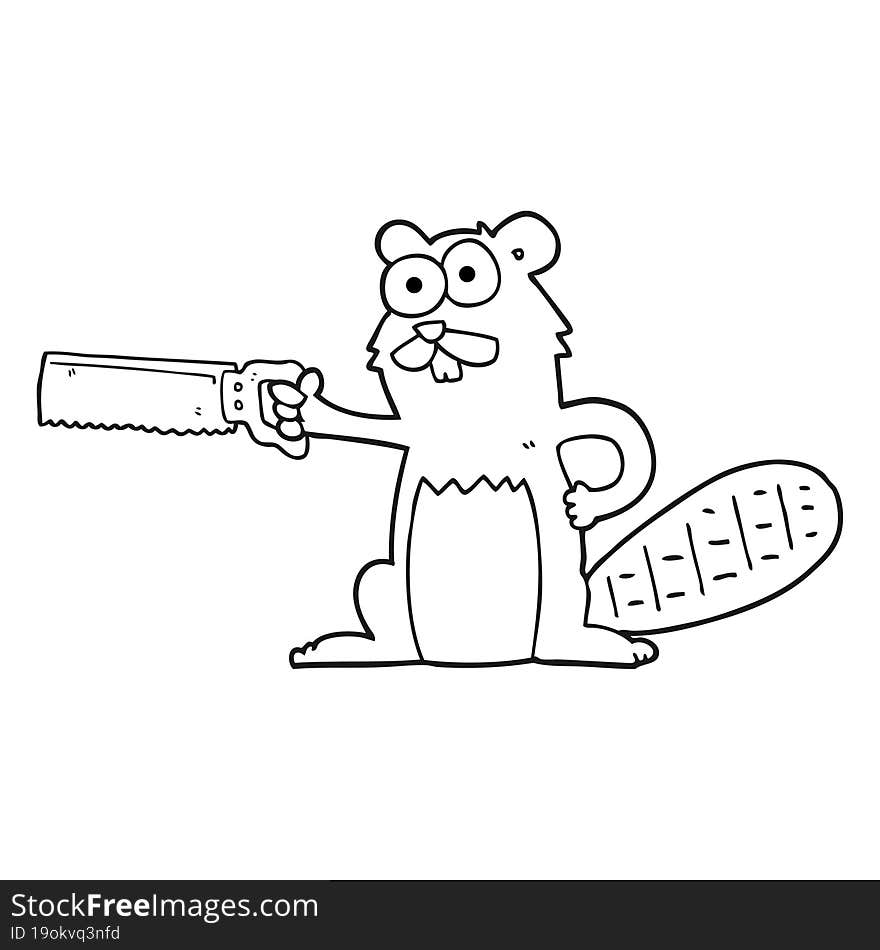 Black And White Cartoon Beaver With Saw